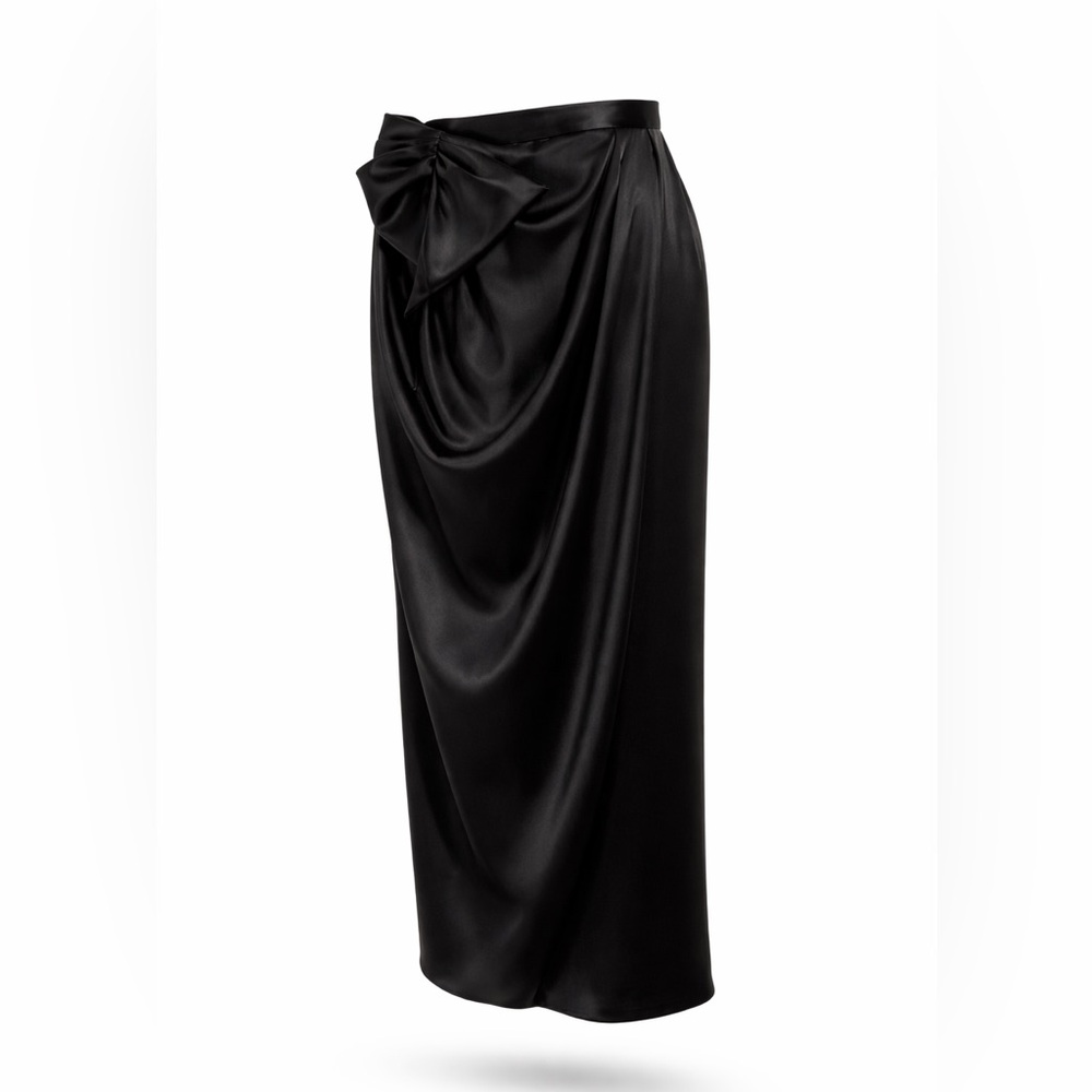 St. Jhon Black Liquid Satin Maxi Skirt with Front Tie Detail